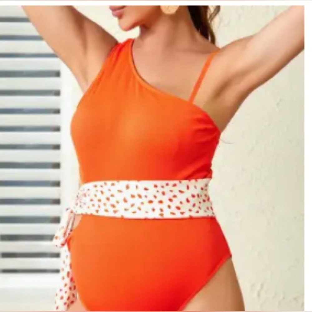 Orange One-Shoulder Swimsuit with Patterned Belt